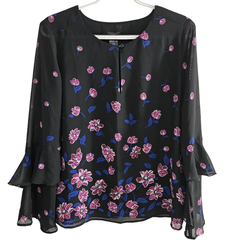 Ann Taylor Factory Top Floral Ruffle Sleeve Blouse Boho Long Sleeve